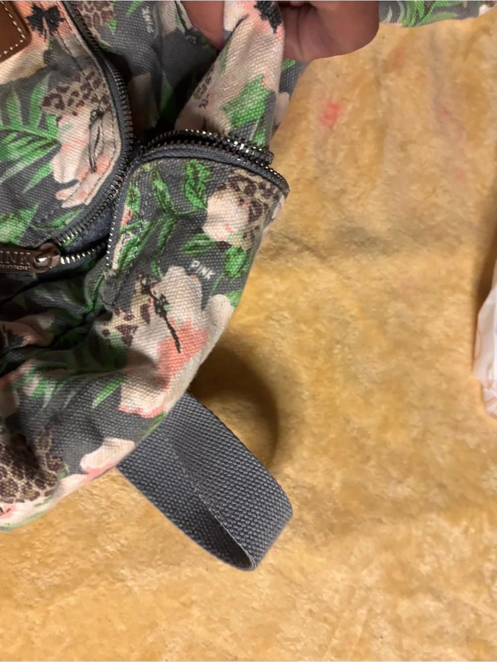 PINK Victoria's Secret Gray Floral Canvas Backpack with Green Leaves